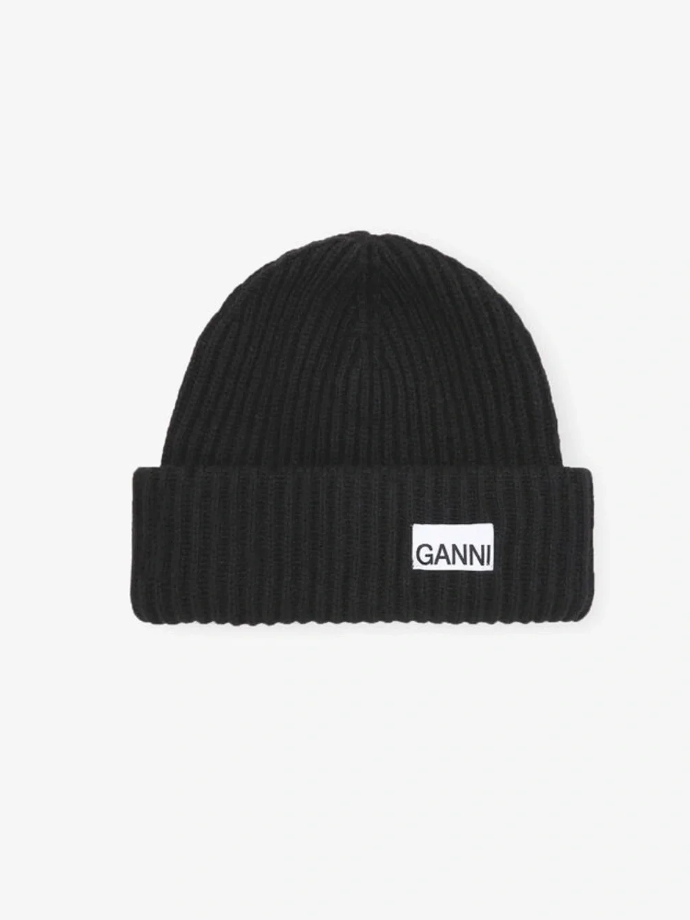 Ganni Black Ribbed Knit Cuff Beanie with Logo Patch
